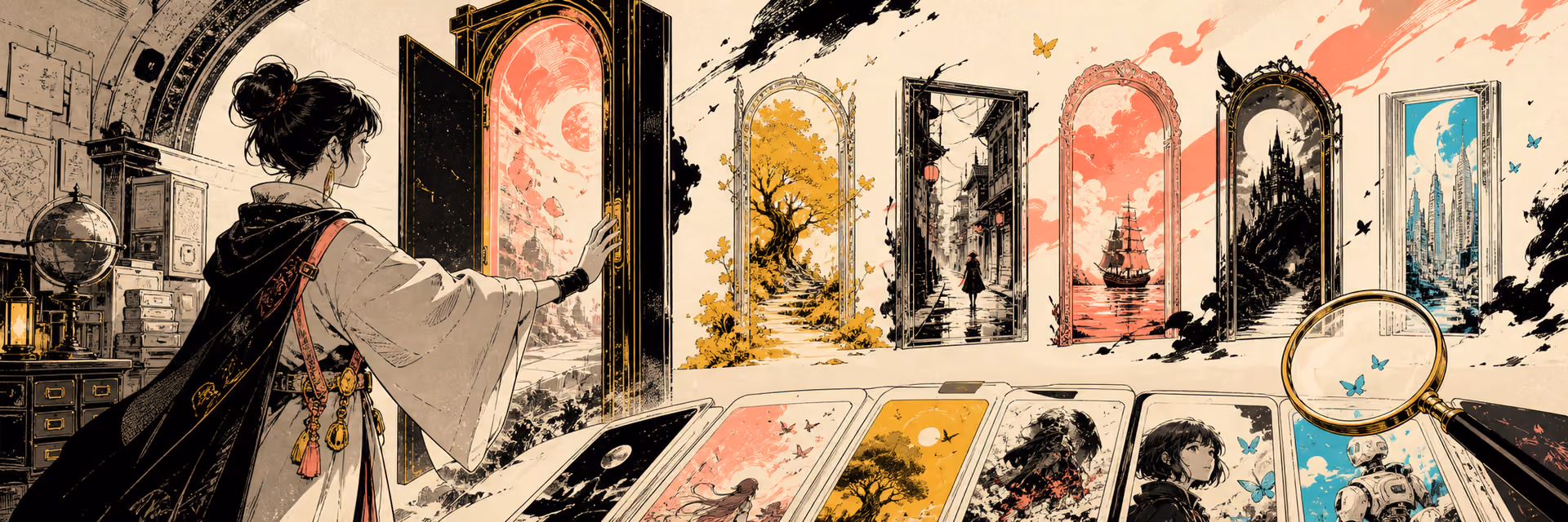 An illustrated curator opening an archive of newly published story worlds